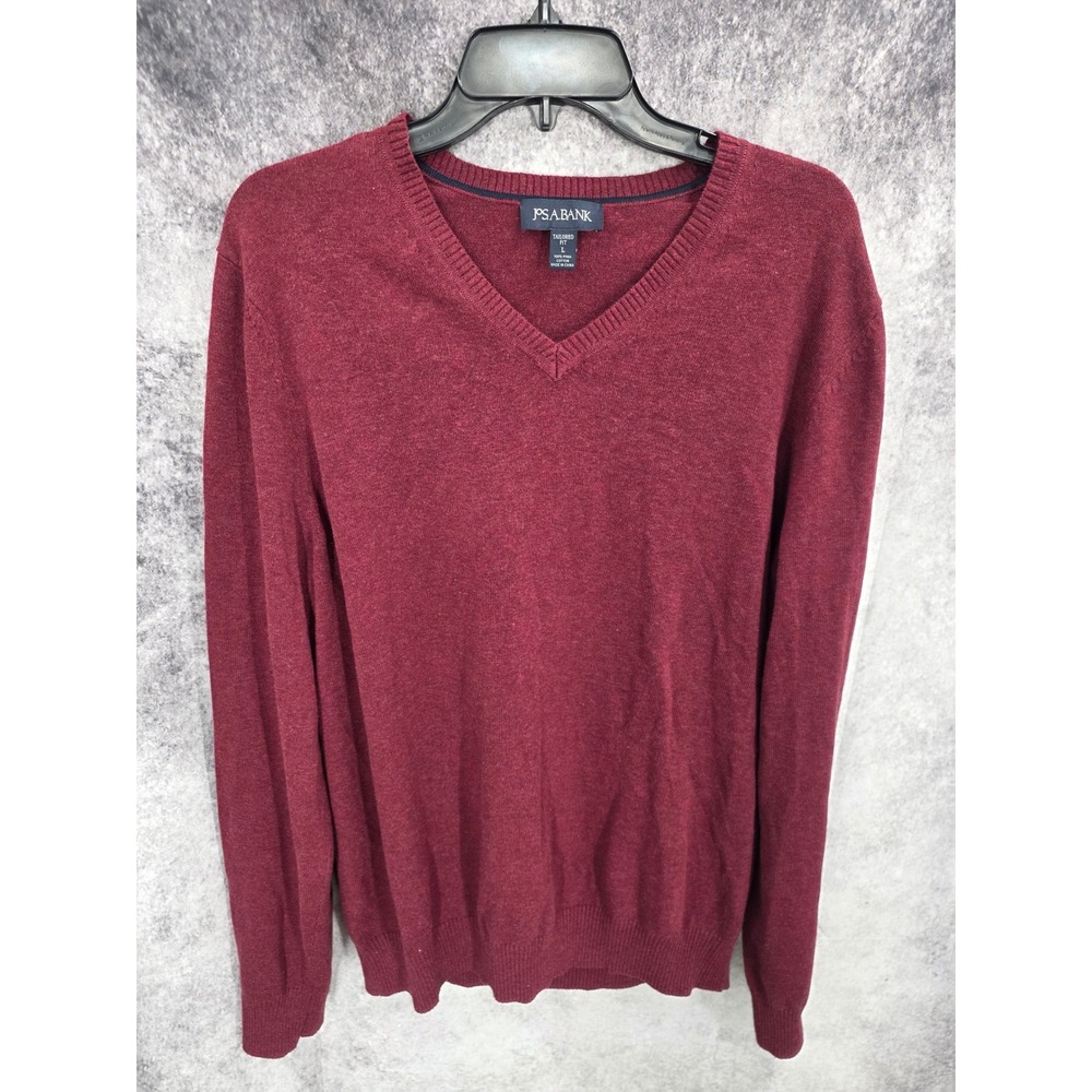 Jos A Bank Sweater Mens Large Burgundy V Neck Long Sleeve Pima Cotton Grandpa